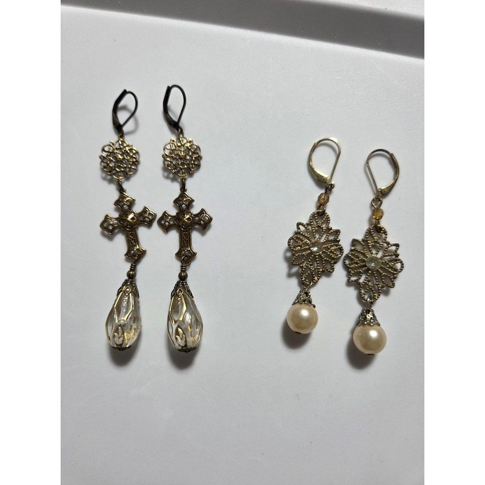 2 Pair Vintage Filigree Dangle Earrings Cross Floral Pearl Gold Tone